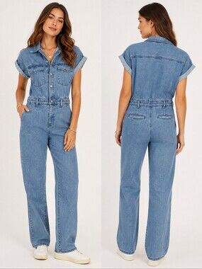 BLANKNYC Denim Utility Jumpsuit Medium Short Sleeve Coverall Blue Jean